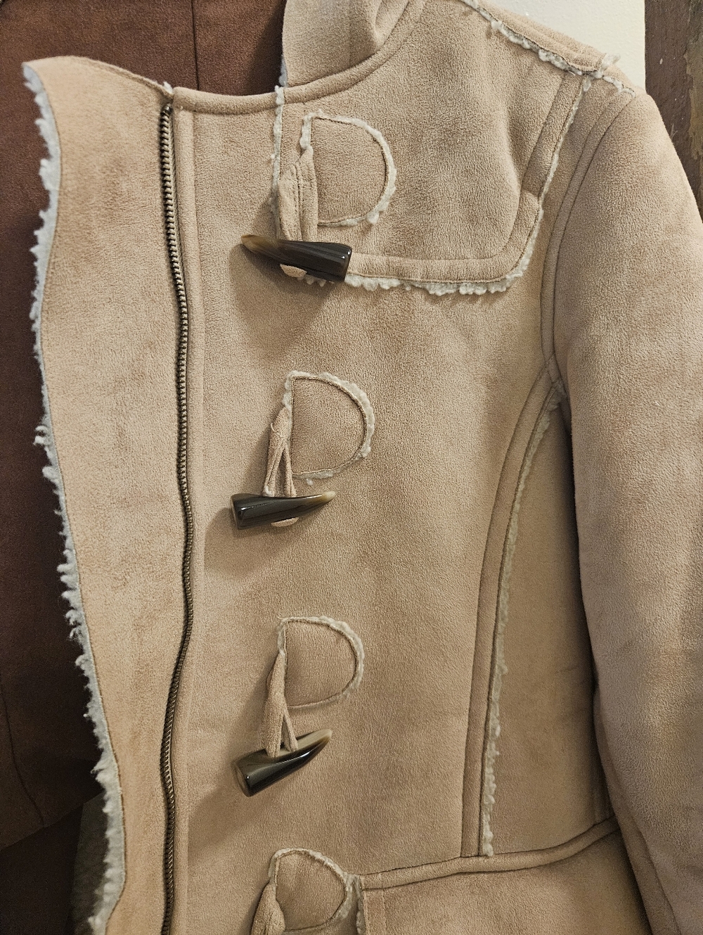 GAP Tan Shearling-Trim Toggle Trench Coat - Picture 2 of 6